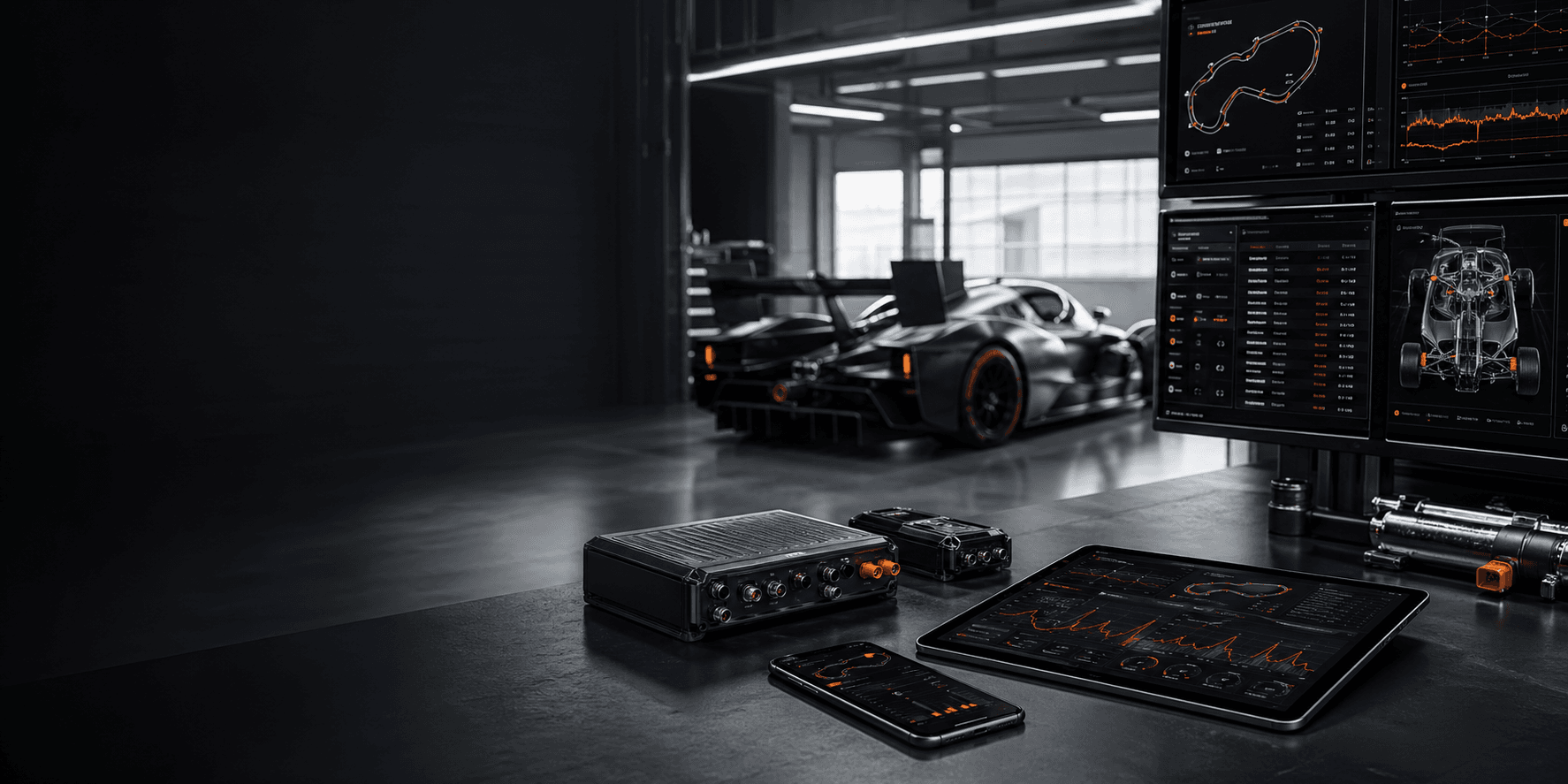 Motorsports technology workspace with race engineering screens and connected hardware